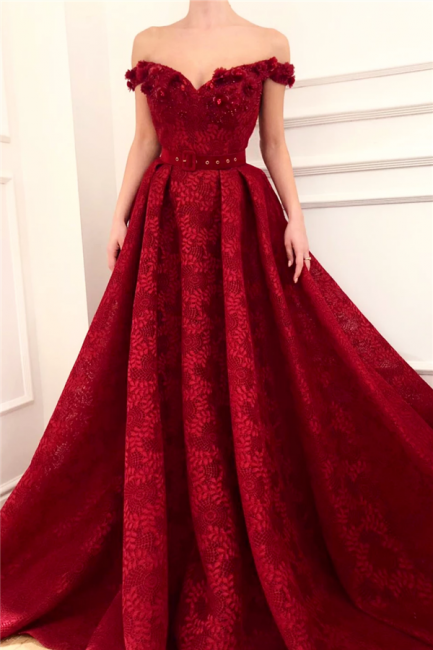 Affordable A-Line Off-the-Shoulder Burgundy Prom Dress Lace Ruffles Sweetheart Formal Party Dresses On Sale