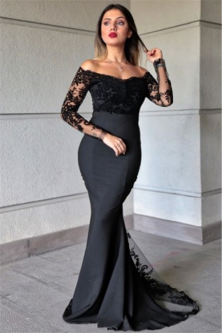 Elegant Off-the-Shoulder Mermaid Prom Dresses Black Appliques Long Sleeves Formal Dresses Online