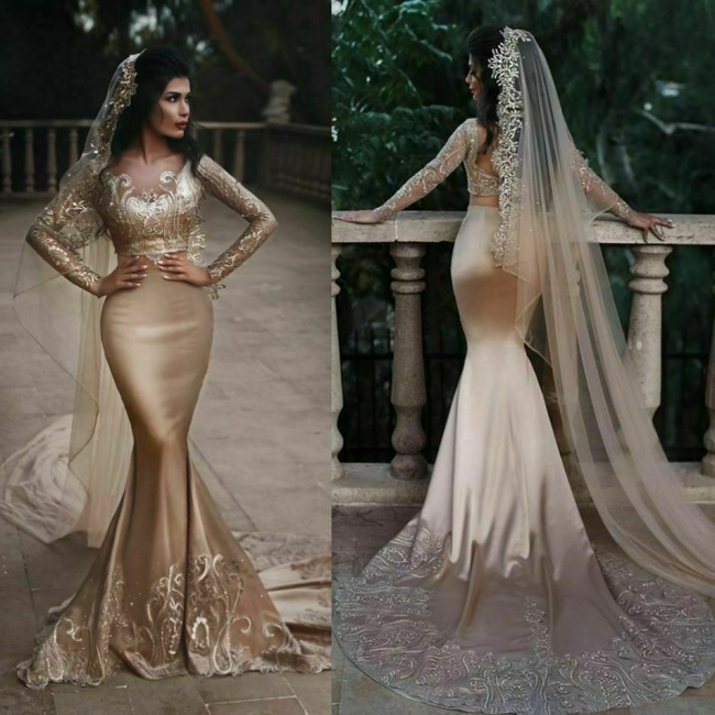 Long sleeve champagne wedding dress sale