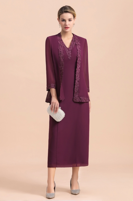 Burgundy Long sleeves Elegant V-neck Column Mother of bride dress