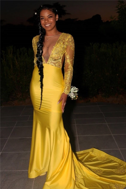 Gorgeous Jewel Long Sleeves Mermaid Long Prom Dress Appliques Sheer Yellow Evening Dress with Sweep Train