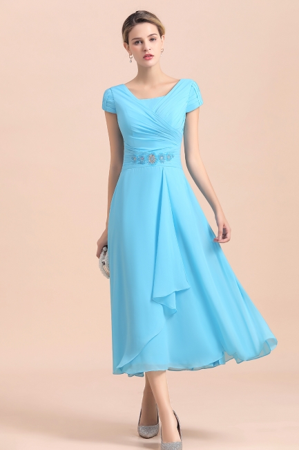 Cap sleeves Ankle-length light blue round neck chiffion mother dresses