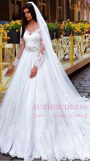 Elegant Princess Crystal Lace Long-Sleeve Wedding Dresses