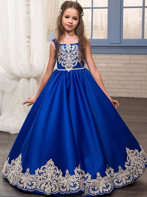 Princess / Ball Gown Floor Length Wedding / Party Flower Girl Dresses - Lace / Satin Sleeveless Jewel Neck With Bow(S) / Appliques