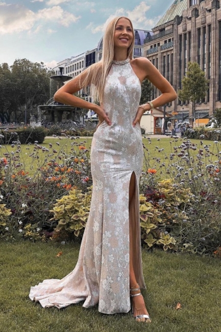 Halter Floral lace Long Evening Dress with Side Slit