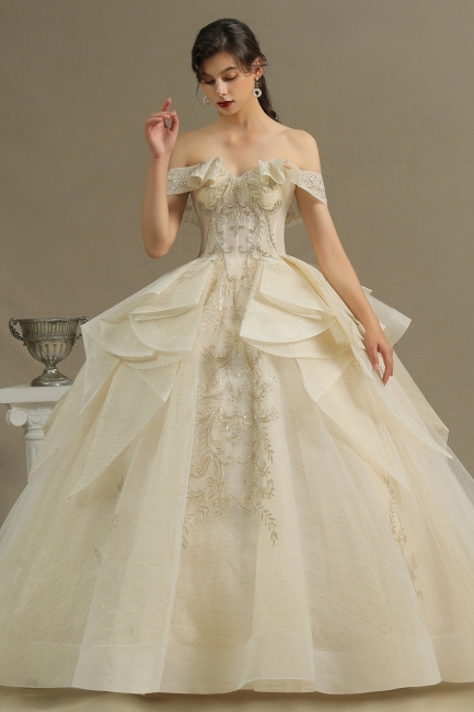 Gorgeous Off-the-Shoulder Floral Appliques Ball Gown Ivory aline Bridal Gown