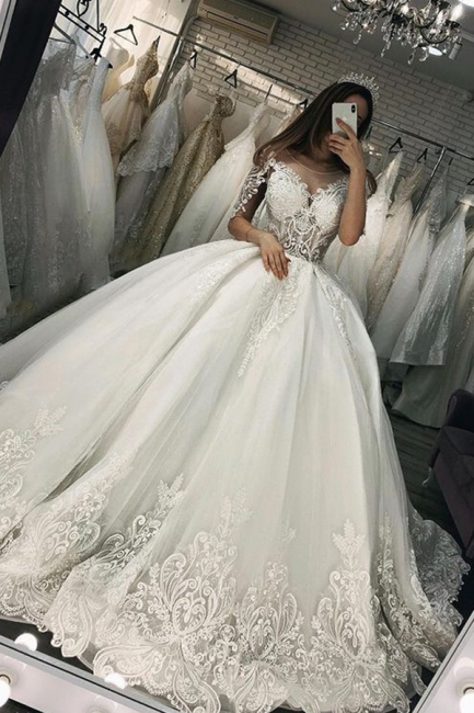 Short Sleeve Appliques Sheer Tulle Ball Gown Wedding Dress