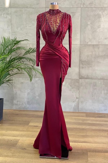 High Neck Long Sleeves Mermaid Evenign Dress with Side Slit