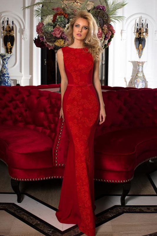 Stunning Jewel Neck Red Lace Mermaid Evening Maxi Dress