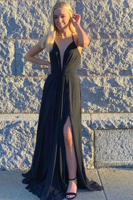 Robe de bal sexy noire à bretelles spaghetti et fente latérale