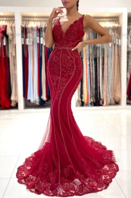 Charming V-Neck Mermaid Appliques Lace Tulle Beading Backless Prom Dress