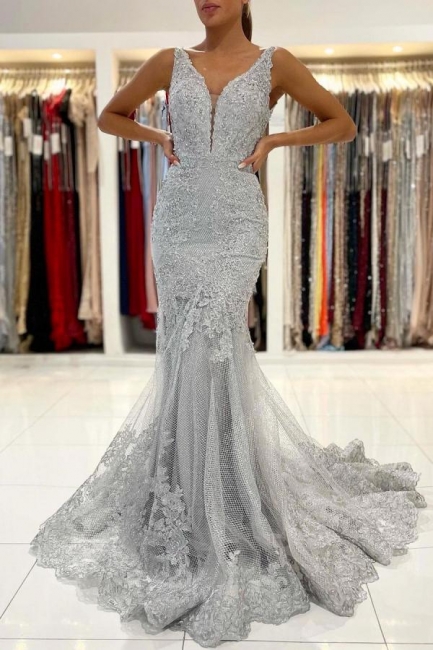 Elegant Wide Straps Appliques Lace Crystal Open Back Floor-length Mermaid Prom Dress