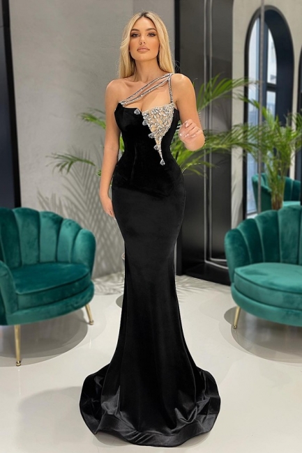 Cheap Black One Shoulder Velvet Long Mermaid Prom Dress With Glitter