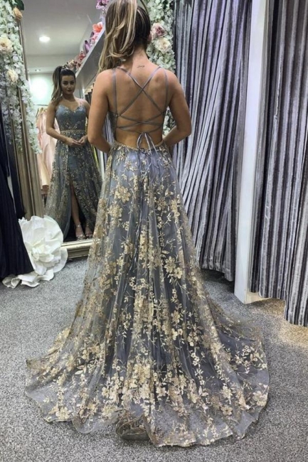 Sexy Sp盲ghetti Strpa Gold Lace Long Prom Dresses