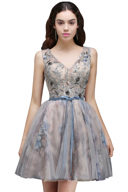 Lace-up Short Sleeveless Cute Belt Straps Flowers Homecoming Dress