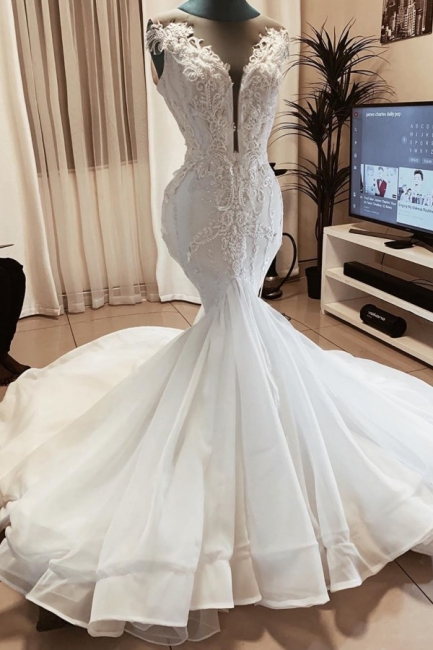 Beaded Fit And Flare Mermaid Wedding Dress Online | Sexy Deep V Neck Applique Bridal Gowns