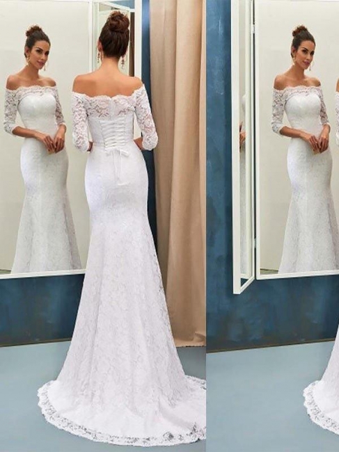 Long Sleeves Sweep Train Wedding Dress On Sale | Mermaid Off-the-Shoulder Lace Bridal Gowns