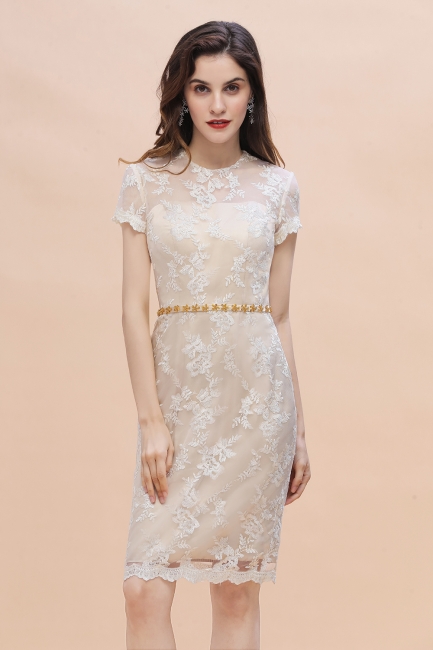 Champange Illusion neck Lace Beadings Star belt Mother of Bride Dress