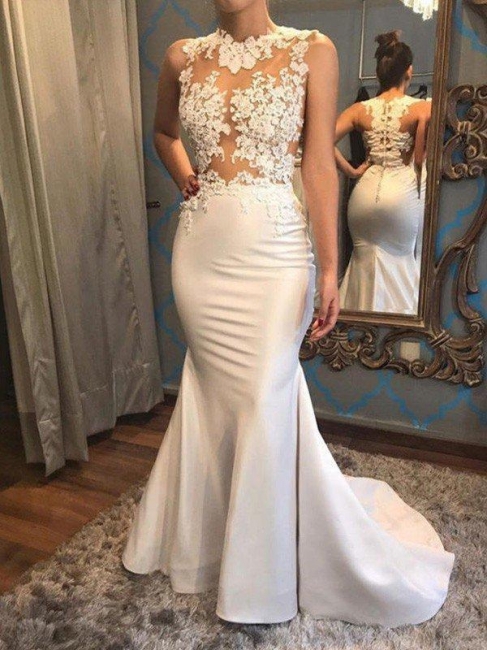 Satin Applique Court Train Wedding Dress On Sale | Mermaid Scoop Sleeveless Bridal Gowns