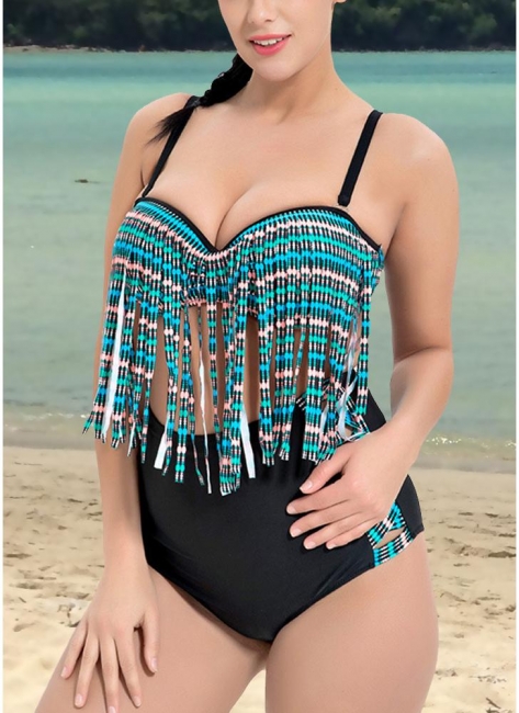 Modern Women Two Pieces Plus Size Swimsuits High Waist Fringing Front Print