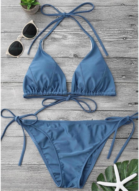 Solid Color Halter Bodycon Tie Bikini Set UK