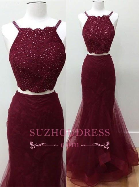 Mermaid Spaghetti Strap Two Piece Evening Dress  Sexy Beads Sleeveless Prom Dress