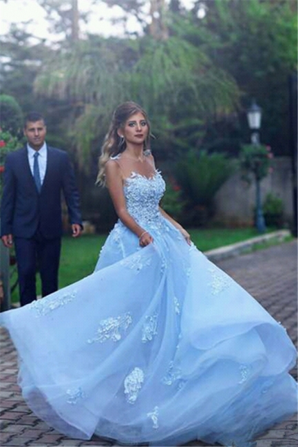 Elegant A-line Baby Blue Sheer Tulle Prom Dresses  Appliques Sleeveless Evening Gowns