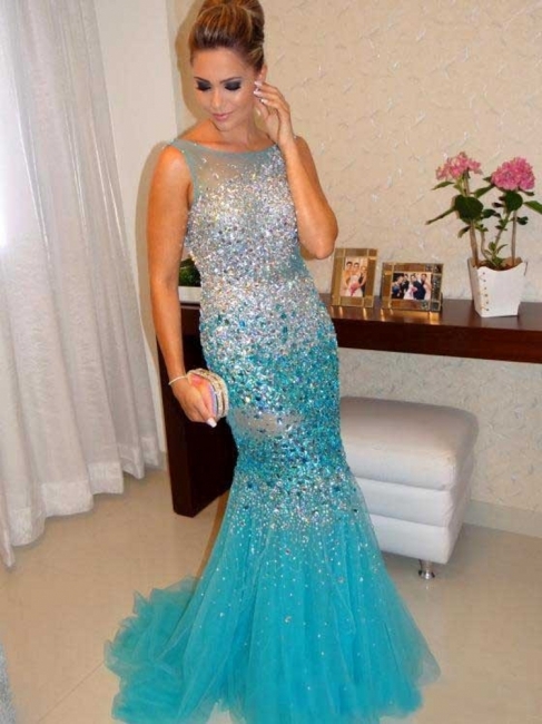 Sexy Mermaid Tulle Long Evening Dress with Crystals Open Back Plus Size Formal Occasion Gowns