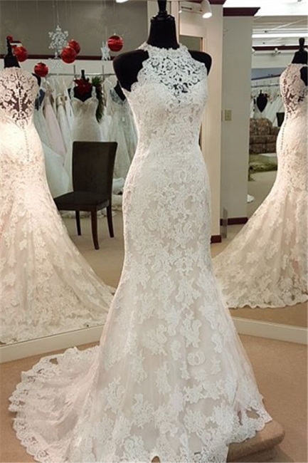 Retro High Neck Mermaid Lace Wedding Dresses Sleeveless Vintage Bridal Dress BA3705