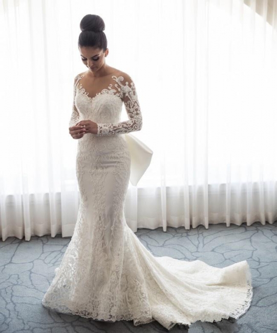 Gorgeous Mermaid Lace Wedding Dress with Sleeves Bowknot