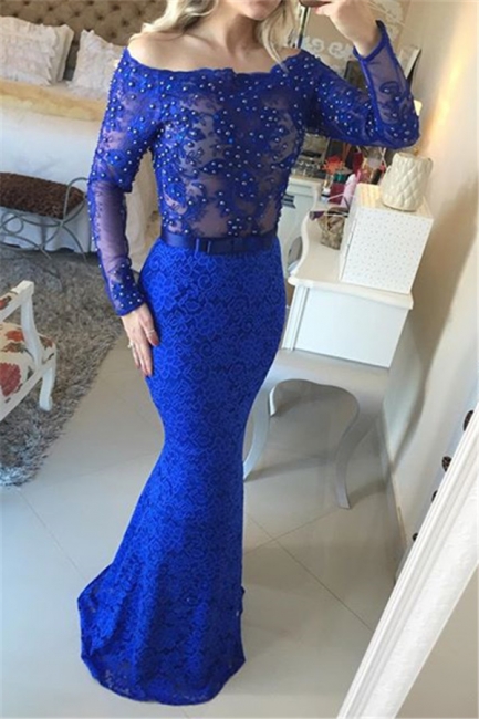 Mermaid Beading Lace  Evening Gown Long Sleeve Open Back Party Dresses