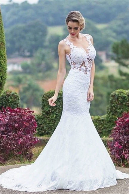 Elegant Mermaid Lace Wedding Dresses  Sleeveless Court Train Hollow-out Bride Dresses