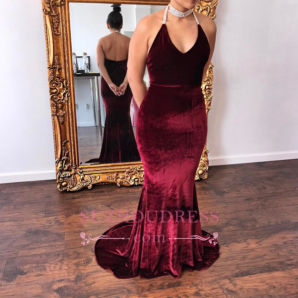 Velvet Halter V-Neck Formal Dress  Mermaid Glamorous Burgundy Evening Dress