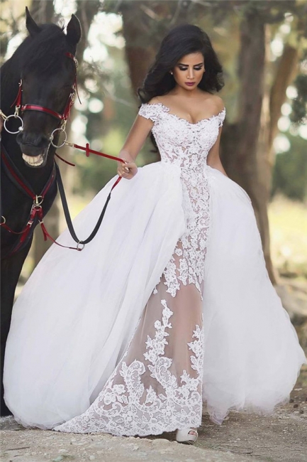 Off The Shoulder Sheer Lace Wedding Dresses  Puffy Tulle Overskirt Sleeveless Bridal Gowns BA6040