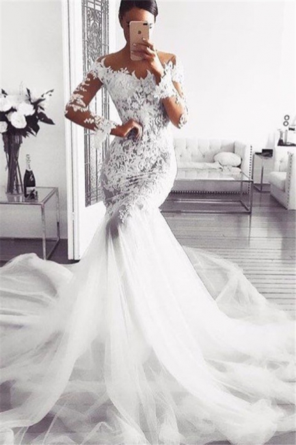 Elegant Off Shoulder Wedding Dresses Long Sleeves Mermaid Lace