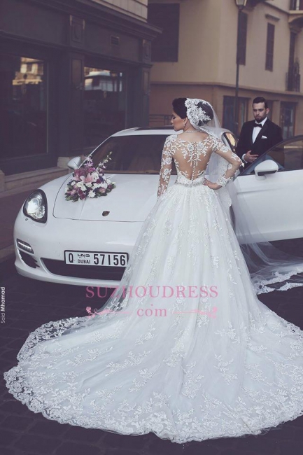 Elegant Appliques Tulle Ball Gown Bride Dress  Long Sleeves  Princess Wedding Dress