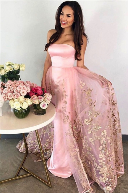 Strapless Candy Pink Prom Dress  Gold Lace Appliques Tulle Sleeveless Evening Gown