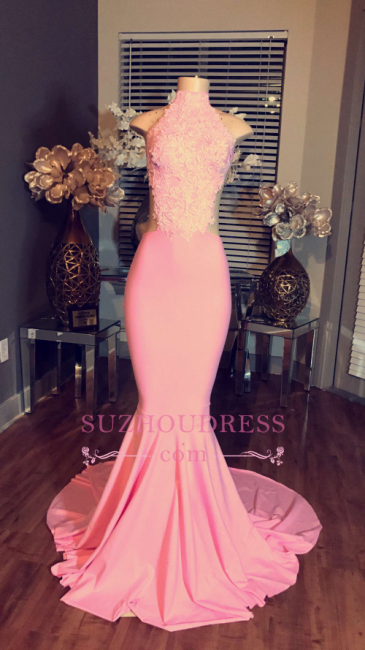 High Neck Long Evening Dress   Lace Sleeveless Pink Mermaid Prom Dresses BA4981