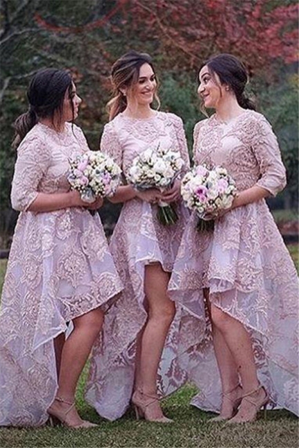 Half Sleeves Lace High Front Low Back Bridesmaid Dresses Cheap