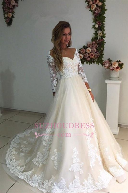 3/4 Sleeves Bridal Gowns  A-Line Champagne Appliques Tulle Backless Lace Wedding Dresses