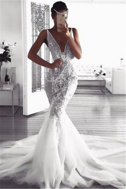 Glamorous Mermaid Deep v-Neck Wedding Dresses | Sleeveless Tulle Appliques Bridal Gowns