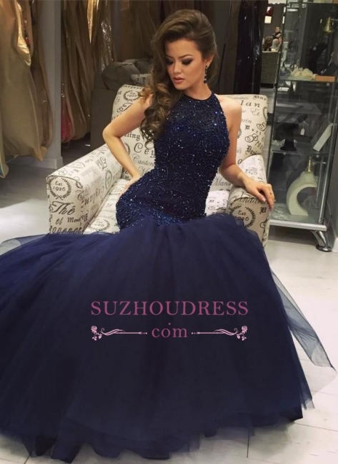 Halter Navy Blue Mermaid Tulle Evening Dress Beading Prom Dresses  BA0564