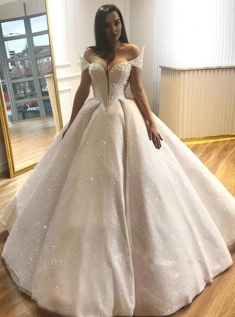 Affordable Sequins Ball Dresses Wedding Dresses Off The Shoulder Beading Bridal Gowns Online