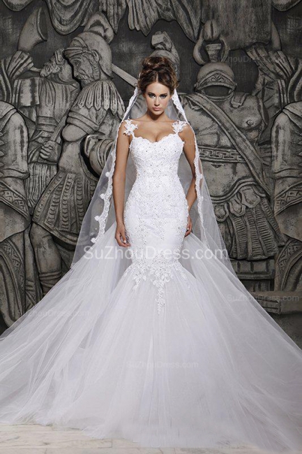 Sexy  Wedding Gowns Beading Appliques Spaghetti Straps Court Train Mermaid Wedding Dresses