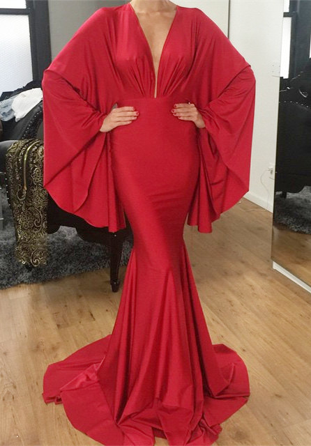 Red Sexy V Neck Formal Dress Plus Size Mermaid Long Evening Dress