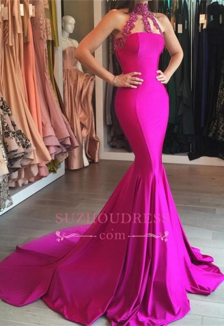 Sleeveless High Neck Evening Gown  Mermaid Sweep-Train Lace-appliques Modest Prom Dress BA6354