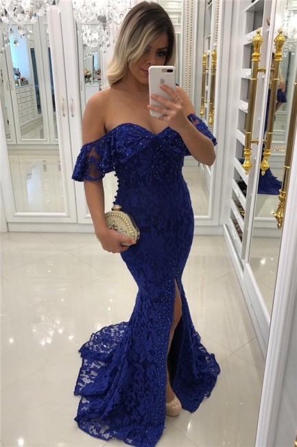 Royal Blue Lace Mermaid Prom Dresses Beads Sequins Off The Shoulder Front Split Evening Gown