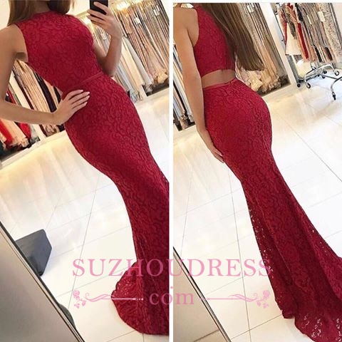 Red Lace Formal Dress  Elegant Sweep Train Mermaid Sleeveless Long Evening Dresses