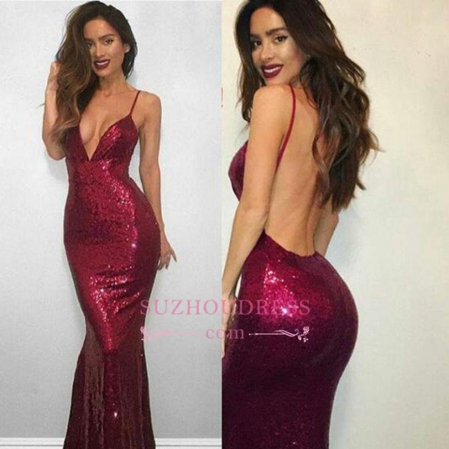 Sequined Sexy Evening Formal Dress  Backless V-neck Mermaid Sexy Spaghetti Strap Prom Dress