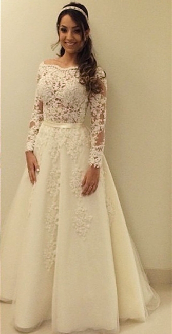 Elegant A-line Scollaped Long Sleeve Wedding Dresses   Bridal Gowns